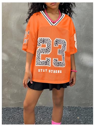 Image of Floerns Girl's Jersey Shirt Printed Oversized Short Sleeve Mesh Tee Shirts V Neck Sport Jersey Shirts