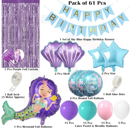 Image of Rozi Decoration Mermaid Birthday Party Decoration Set, 61 Pieces, Purple and Turquoise Balloon Arch Kit with Banner, Shell Balloons, Foil Curtain