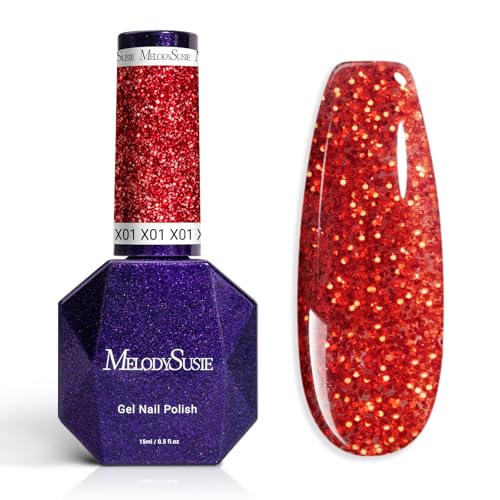 Image of MelodySusie Galaliver Red Glitter Gel Nail Polish, 15ML Sparkly Shimmer Christmas Red Gel Polish Soak Off UV LED Cured Long Lasting Gift for Women DIY Nail Design Nail Art Manicure X01