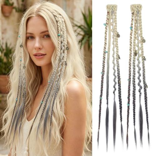 BOGSEA 2PCS Clip in Braid Hair Extensions, Boho Dreadlock Blonde to Grey