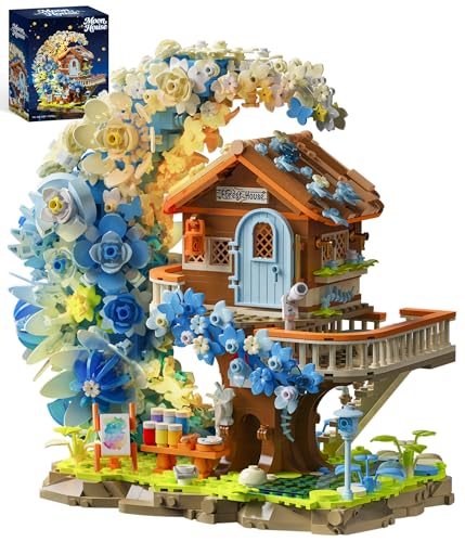 Loyratche Blue Moon Flower House Building Set with Light, Botanical Collection Flowers Treehouse Builidng Block Kit, Compatible with Lego for Adults Home Décor (1750PCS)