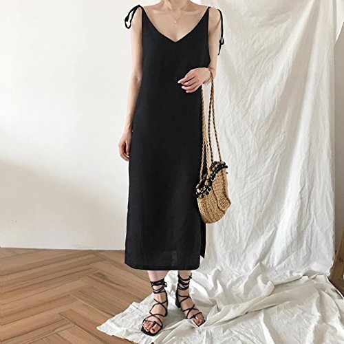 Robe coton et lin noir M style coréen pour femme avec sangle mode et coupe mi-longue