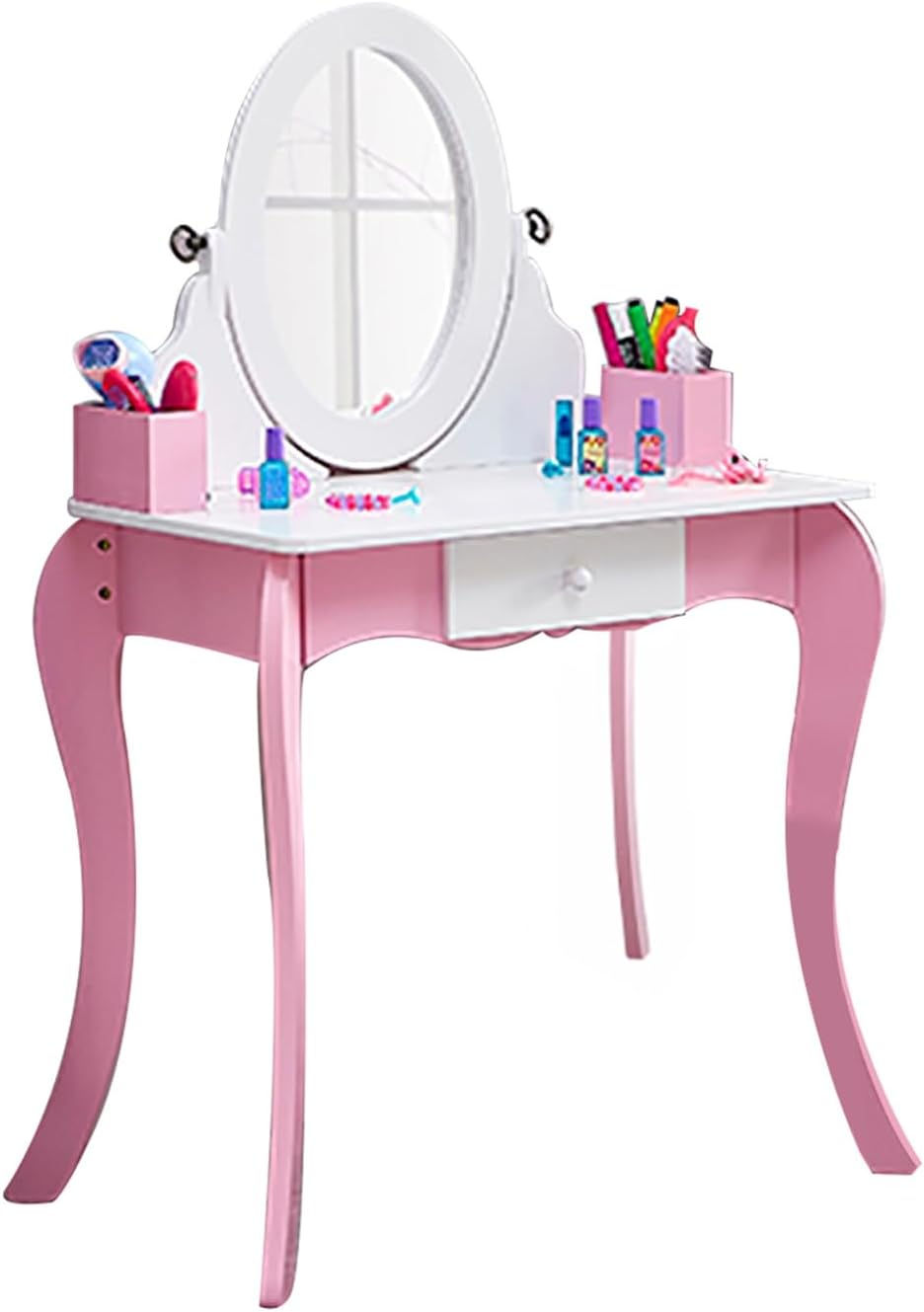 Kids Vanity Table and Chair Set with 360 Rotating Mirror Storage Drawer, Princess Kids Desk with Safe MDF Construction Girls Makeup for Bedroom Playroom Toddler Little Girls