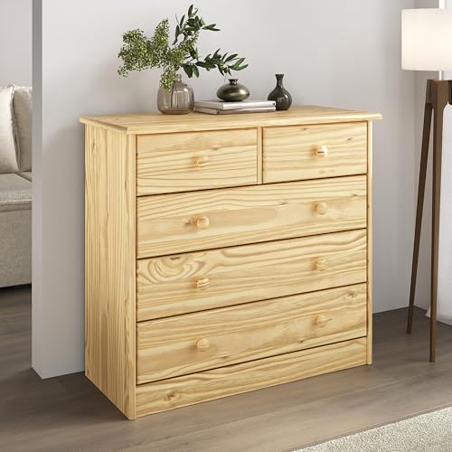 IDIMEX Commode de Chambre Rondo Meuble de Rangement avec 5 tiroirs, en pin Massif Vernis Naturel