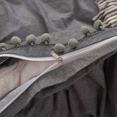 Softta Pom Pom Bedding Set Girls Boho Duvet Cover Grey Full 3 Pcs Ruffle Pom-Fringe Pompoms Bohemian Bedding 100% Washed Cotton Teen Bed Cover - Thumbnail 6