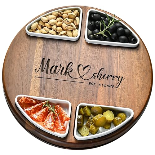 Shanik Upgraded Lazy Susan Cheese Cutting Board Set - Round Acacia Charcuterie Board with 4 Ceramic Bowls - Wedding Gifts - Cheese Serving Platter - Bridal Shower