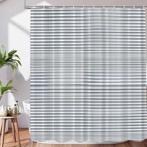 BaoNews Ensemble de rideau de douche décoratif en polyester avec lignes vibrantes horizontales, motif rayé bleu clair et blanc, pour cabine de douche, salle de bain avec 12 crochets, 183 x 183 cm
