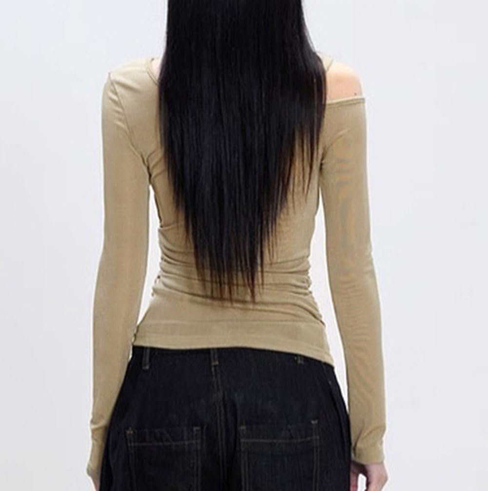 Women's One Off Shoulder Twist Knot Cutout Tops Long Sleeve Ruched Tank Asymmetrical Shirts Slim Y2K Pleat Tee Blouse - Image 3