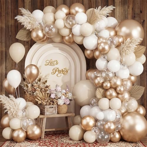 RUBFAC White and Champagne Gold Balloons Arch Kit White Sand Metallic Party Balloon Different Sizes for Birthday Wedding Baby Shower Engagement Anniversary Decorations 144pcs