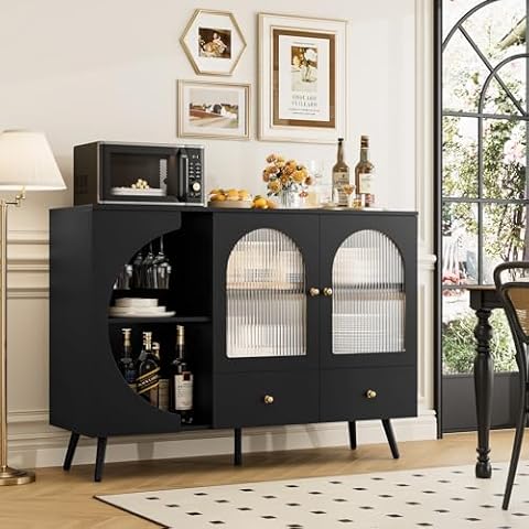 FACBOTALL Coffee Bar Cabinet, Buffet Sideboard Cabinet with 2 Drawers and Fluted Glass Door, Wine Bar Cabinet for Kitchen, Dining Room, Living Room, Modern Kitchen Storage Cabinet Black Cover