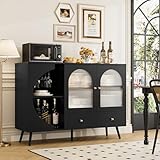 FACBOTALL Coffee Bar, Buffet Sideboard with 2 Drawers and Fluted Glass Door, Wine Bar Cabinet for Kitchen, Dining Room, Living Room, Modern Kitchen Storage Cabinet Black