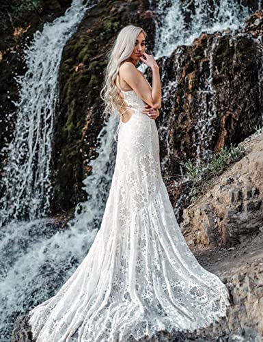 LIPOSA Boho Lace Wedding Dresses for Bride Spaghetti Strap Sweetheart A Line Sleeveless Courthouse Bridal Gowns4