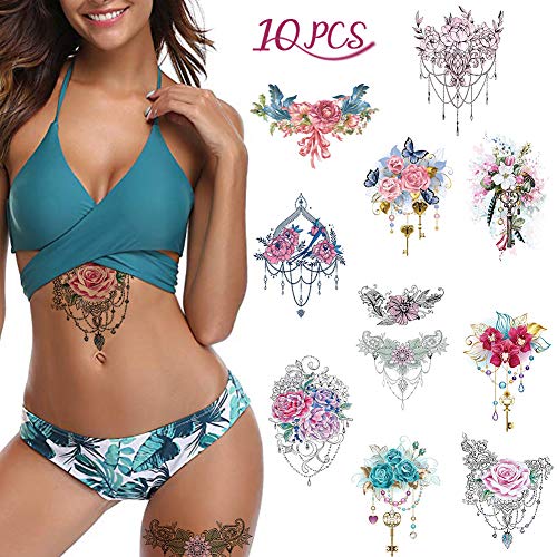 Romantic Temporary Flower Tattoos 10 Pcs for Women, Scar Cover Up Makeup Fack