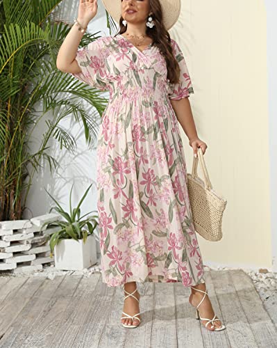 Image of OSTOO Women's Plus Size Hawaii Empire Waist Bat Short Sleeve Casual Floral Print Boho Maxi Dress