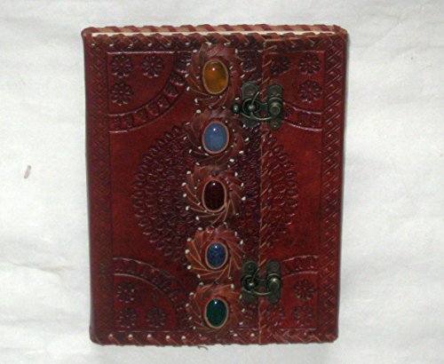 paperfreak: firme piel Journal con 5 piedras preciosas Media y papel verjurado Trabajado a Mano Cuaderno de bocetos (piel libro leer libro de texto libro Cuaderno