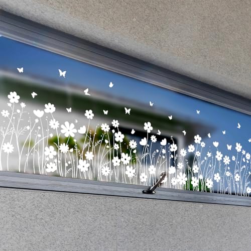 WandSticker4U- Fenstersticker BLUMENWIESE weiß (88x25 cm) I Fensterbilder Frühling selbstklebend Blumen Pflanzen I Fensteraufkleber Fensterdeko Blumen Frühlingsdeko Fenster wiederverwendbar GROß