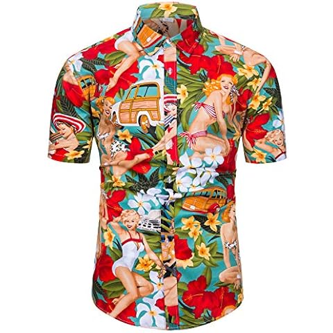 TUNEVUSE Mens Hawaiian Shirt Short Sleeve Tropical Hula Girl Print Button Down Vintage Pin Up Beach Shirt Blue Large Cover