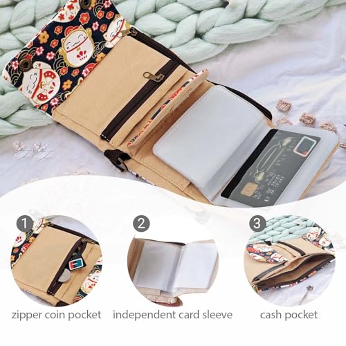 Canvas Wallet Women Trifold Small Purses for Women with 16 Card Sleeves, Womens Wallet Cute Creativity Womens Purses with 2 Zippered Pockets and Keyring (Solid, Black)3