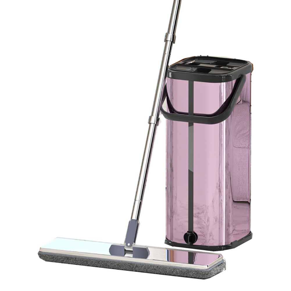 Strizzatore Professionale in Acciaio Inox Con 2 Scomparti Per Secchio, Scopa in Microfibra, Mop Piatto Girevole 360 Con Manico Da 140 Cm E 10 Tamponi Riutilizzabili,Viola