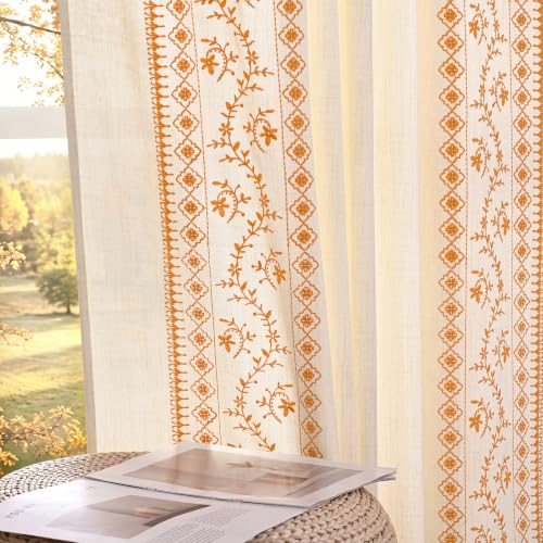 Image of Yinhua Boho Curtains for Living Room 84 Inch Long Orange Embroidered Floral Bedroom Curtains, Light Filtering Farmhouse Window Curtain Rod Pocket & Back Tab Drapes, 52 inch W x 84 inch L, 2 Panels