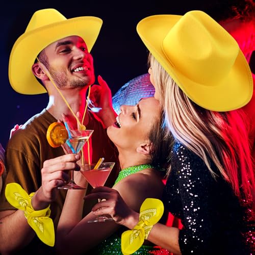 Coume 12 Pcs Cowboy Hats with Bandanas, Bulk Adjustable Felt Western Cowgirl Hats for Women and Men, Western Party Favors(Yellow) by Coume - Image 6