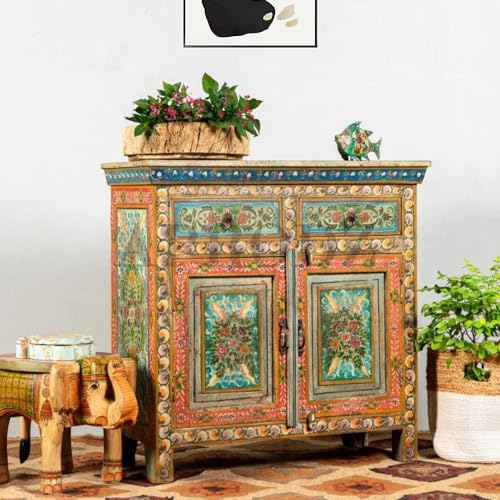 Image of APRODZ Hand-Painted Solid Wood Sideboard Cabinet with 2 Doors & 2 Drawers | Wooden Storage Cabinet for Bedroom Living Room & Kitchen | Crockery Cabinet, Kitchen Storage | Multicolor, 34x16x30 Inches