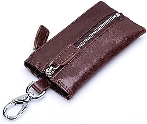 Soft Dual Zipper Leather Car Key Case by BAKUN, Key Holder Key Organizer Wallet, With 6 Hooks(Brown)