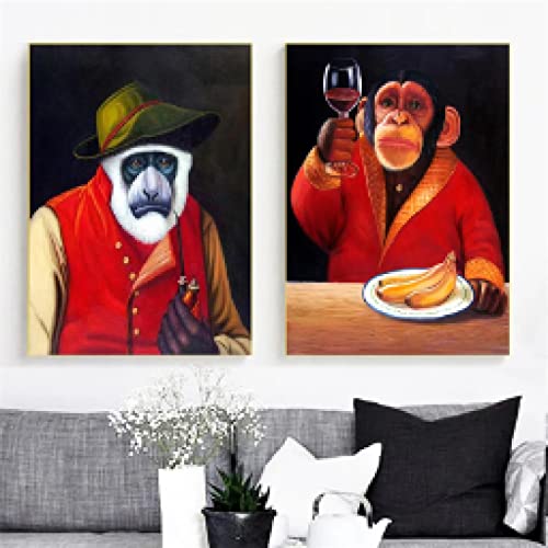 Toile singe chimpanzé fumant et buvant du vin décolation salon 40x50cm