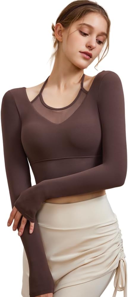Harssidanzar Women's Yoga Workout Tops 2 in 1 Sports Bra for Gym Athletic Casual Long Sleeve CL312US - Image 3