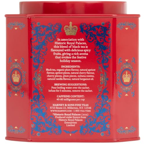 Image of Harney & Sons Royal Holiday Black Tea, 30 Pyramid Sachets | Festive black tea with plum, apricot, cherry, vanilla & bergamot flavors in 30 pyramid sachets.