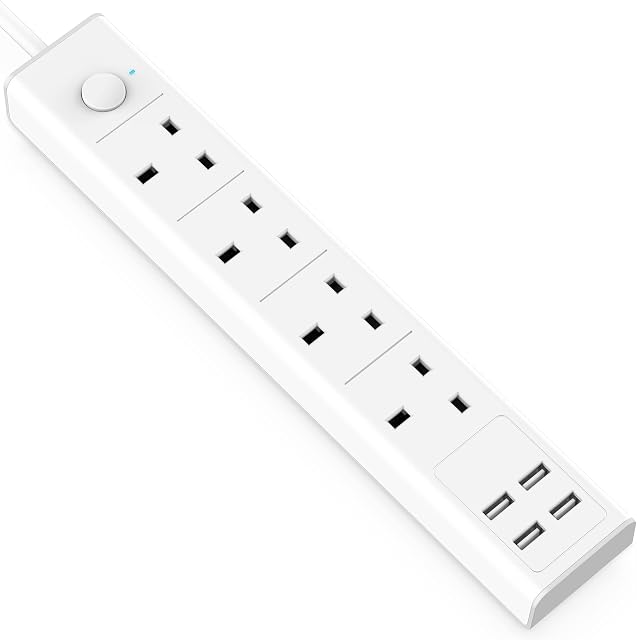 TICCOLO Extension Lead with USB Slots, 4 Way Socket Outlets 4 USB Ports Power Strips, 13A/3250W Surge Protection UK Multi Plug Adapter Extention, 2 Meter Electrical Cable Cord with Switch