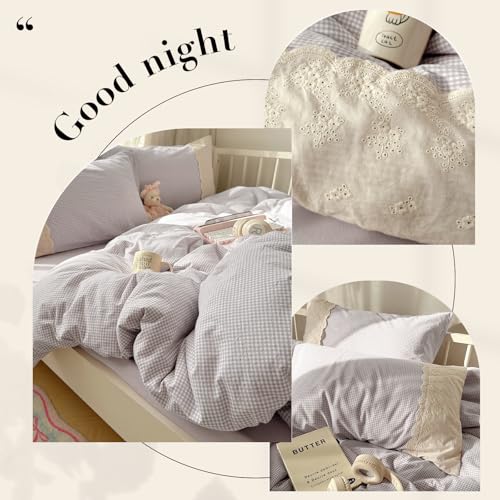 Image of VM VOUGEMARKET Lilac Gingham Duvet Cover Queen Plaid Checkered Comforter Cover with Zipper 3Pcs Soft Breathable Washed Microfiber White Lace Bedding Set for Girls