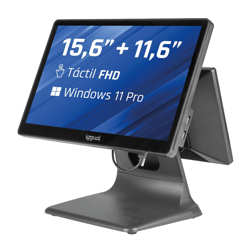 iggual TPV Dual Táctil 15,6”/11,6"- Sistema Caja Registradora Completo con Doble Pantalla - Windows 11 Pro -WiFi 5-Ethernet, Bluetooth 5.1- Procesador Intel® N100 3,4 GHz Apto Verifactu.