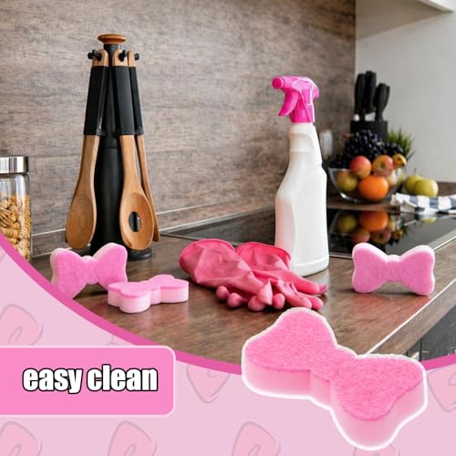Image of Tioncy 12 Pack Pink Bow Sponges Bulk Preppy Dual Sided Scrubber Cute Pink Bow Sponges Reuseble Non Scratch Dishwashing Kitchen Cleaning Accessories for Cookware Pot Boiler Pan Household