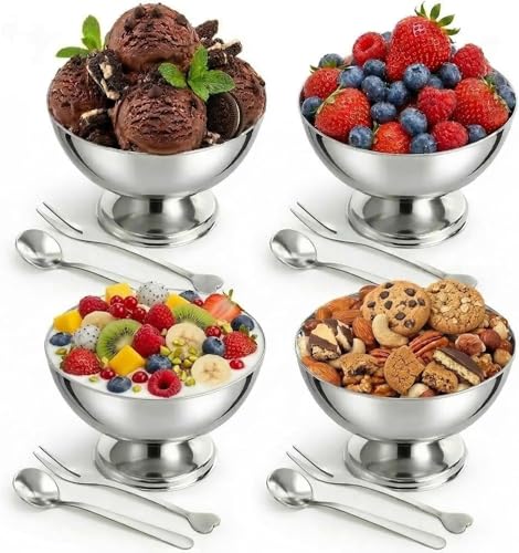 Silver Stainless Steel Dessert Cups - with Forks & Spoons 6.8 Oz Set of 4