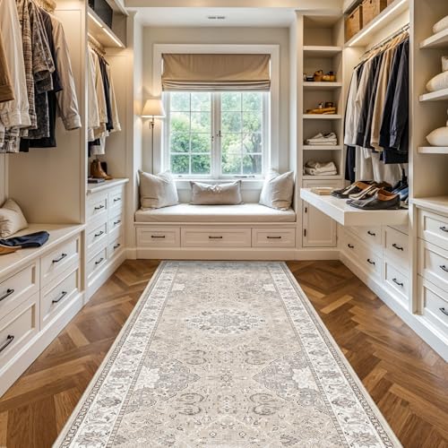 4x10 Hallway Wide Runner Rug: Washable Oriental Soft Area Rug for Living Room Bedroom Stain Resistant Low Pile Carpet for Entryway Ktichen Thin Non Slip Floor Mat for Bathroom Dining Room(Beige,4x10)