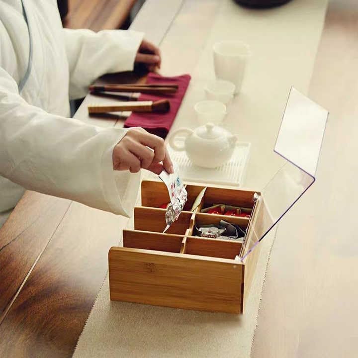 Deconox Akrilik Şeffaf Kapaklı Bambu 6 Bölmeli Çay Kutusu -%100 Orjinal Bambu Şeffaf Kapak (22cm*22cm*10cm) - Görsel 2