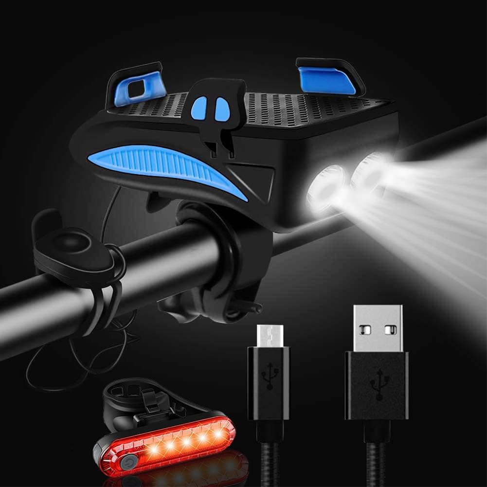 BYCOOR Bike Phone Mount USB Rechargeable Bike Light Set Adjustable Bicycle Holder Handlebar Bicycle Headlight with Horn