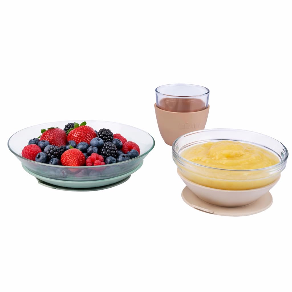 BÉABA & Duralex, Children’s Glass Meal Set – Plate, Bowl & Cup with Silicone Suction Base, Ergonomic, Evolving, Healthy, Durable, Made in France, Natural