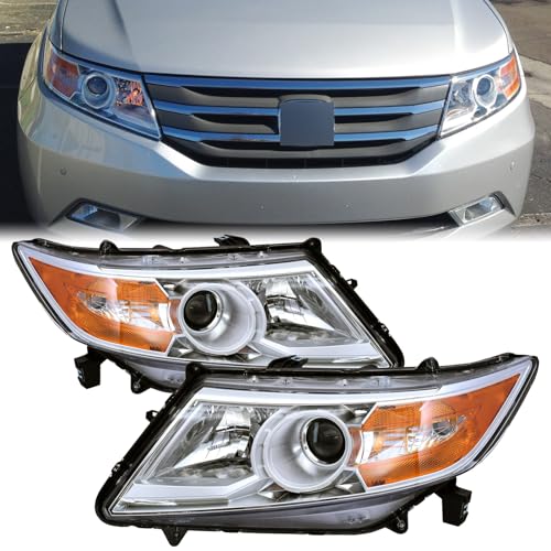 Pair Chrome Headlights Headlamps Assembly for 2011-2017 Honda Odyssey Left & Right Chrome Housing Amber Reflector Halogen Only OE# 33100TK8A01 33150TK8A01