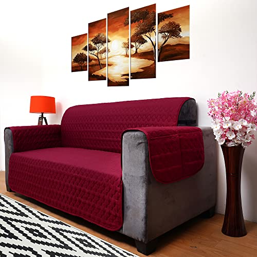 Image of DREAM KING 3 Layers Reversible Sofa Cover Polyester Single Seater Quilted Sofa Cover with Side Pockets Maroon & Coffee