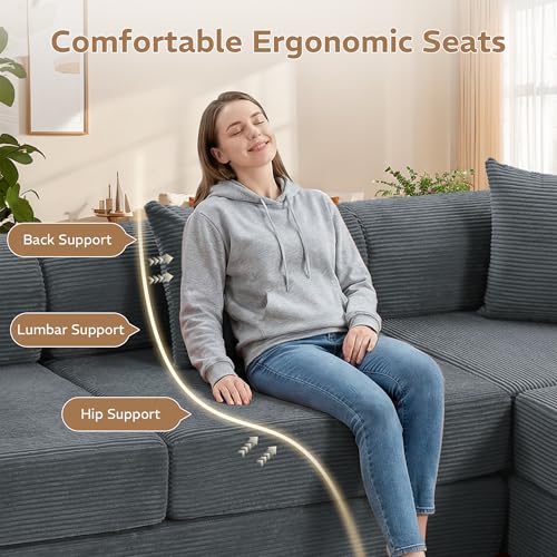 Image of 141.73'' U-Shaped Sectional Sofa Bed, 6-in-1 Modular Corduroy Couch with Soft Cloud-Like Feel, Removable Storage Bag, Anti-Pilling Fabric, Tool-Free Assembly, for Living Room, Grey