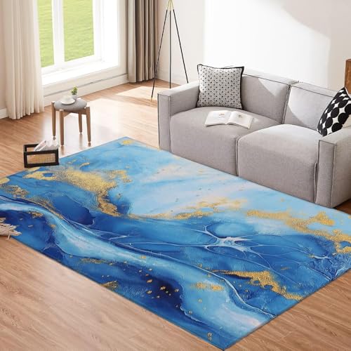 Tapis lavable antidérapant avec lignes feuille d'or bleu ciel