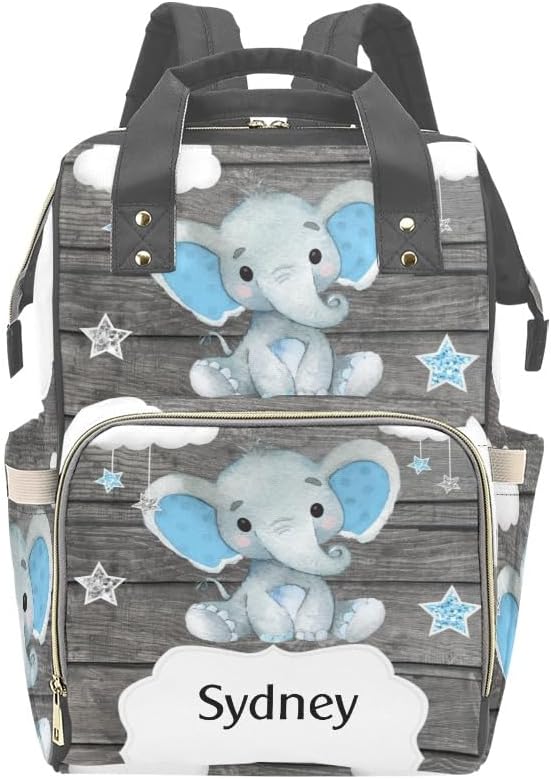 Personalized Diaper Bag Backpack Gift Blue Elephant Gray Convenient and Durable: Waterproof Multi-Compartment Nappy Bag