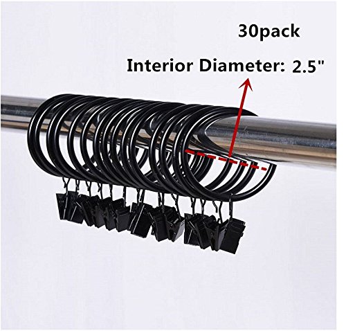 Leoyoubei Metal Drapery Curtain Rings with Clips,Decorative Drapery Curtain Clip Rings, Premium Iron Metal Material 30-Pieces-Interior Diameter (2.5", Black)