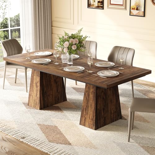 Image of LITTLE TREE Dining Table for 4-6 People, Wooden Table, Rectangle Furniture with Heavy Duty Legs, Modern Kitchen Table for Home, Dining Room, Brown