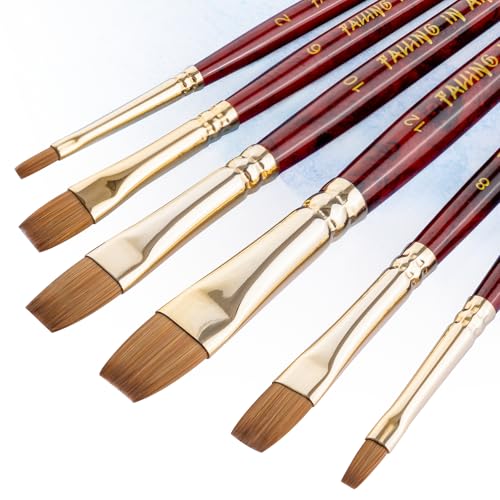 COOZEE Lot de 6 pinceaux plats pour aquarelle avec poils de martre - Différentes tailles de pointe - Manche en bois - Idéal pour la peinture à l'aquarelle