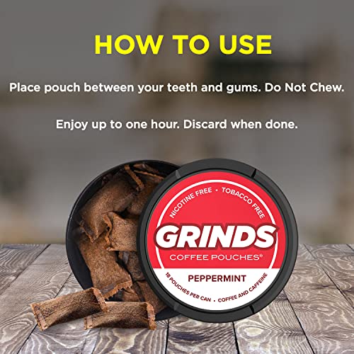 Grinds Coffee Pouches | 10 Cans Of Peppermint | Tobacco Free, Nicotine Free Healthy Alternative | 18 Pouches Per Can | 1 Pouch Eq. 1/4 Cup Of Coffee (Peppermint) #TOP5