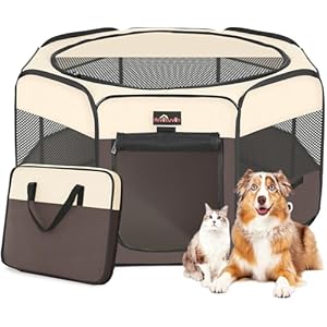 Aivituvin Dog Playpen Foldable Pet Play Pens with Carrying Bag for Cat Puppies Rabbits Portable Dog Tent Crates Cage for Travel Camping Indoor Outdoor Removable Shade Cover Brown L