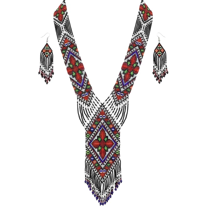 Collar ucraniano carmesí LKBEADS con pendientes geométricos de alta bisutería